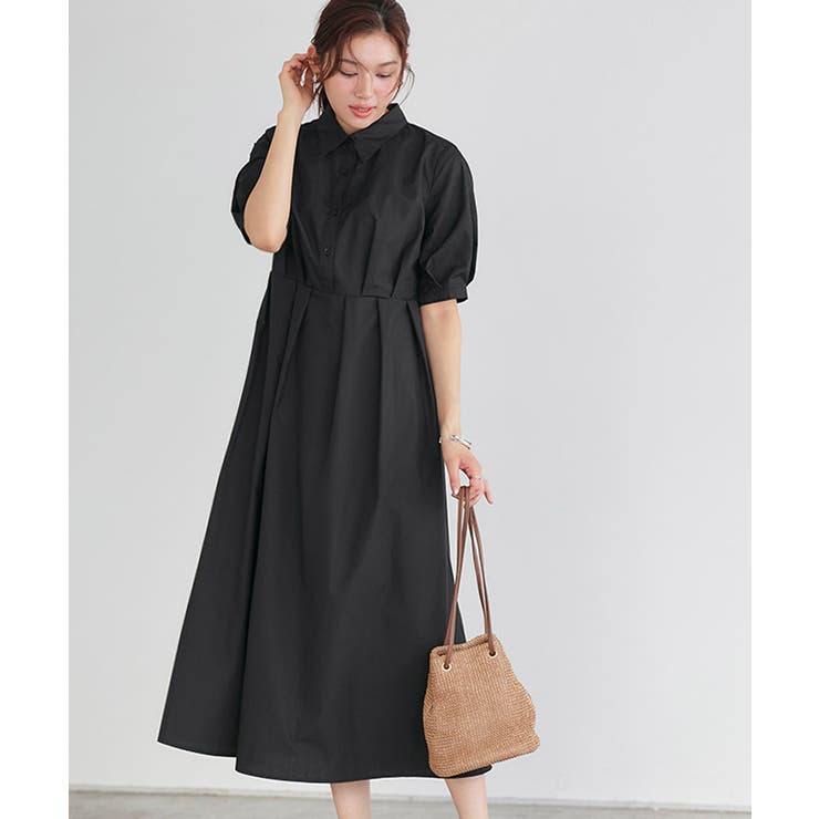 シャツワンピース パフスリーブ ビッグカラー ベルスリーブ 無地 パフスリーブシャツワンピース ワンピース パフ袖[品番
