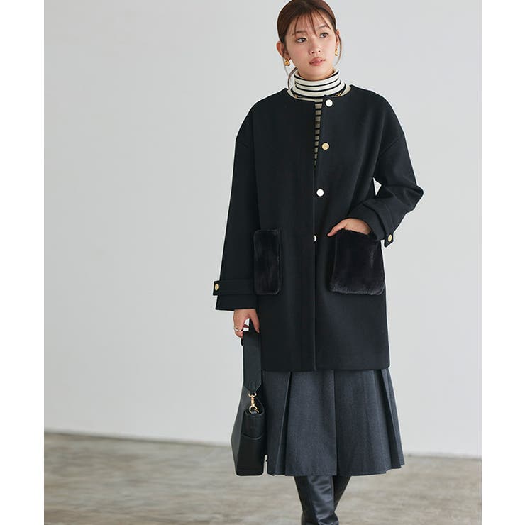 2wayファーポケットノーカラーコート コート アウター[品番