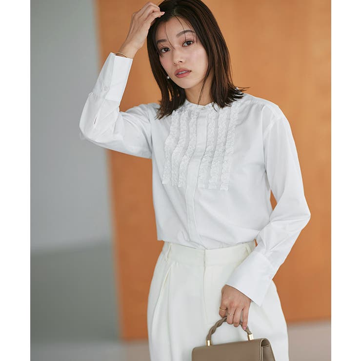 【人気】ヌキテパ 長袖ブラウス フリル ピンタック リボン　ホワイト 24SS フリルピンタックブラウス ブラウス フリル[品番：PRTW0005210
