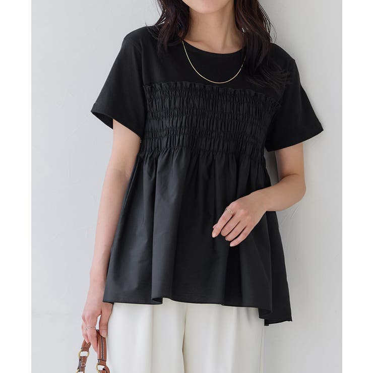 ブラック×ブラック | ドッキングシャーリングカットソー 異素材 シンプル | Pierrot
