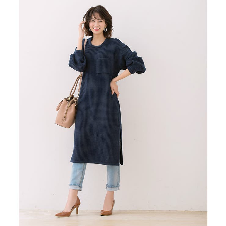 ネイビー | ワッフル編み ニットワンピースワンピース ワッフルワンピース ロングワンピース | Pierrot
