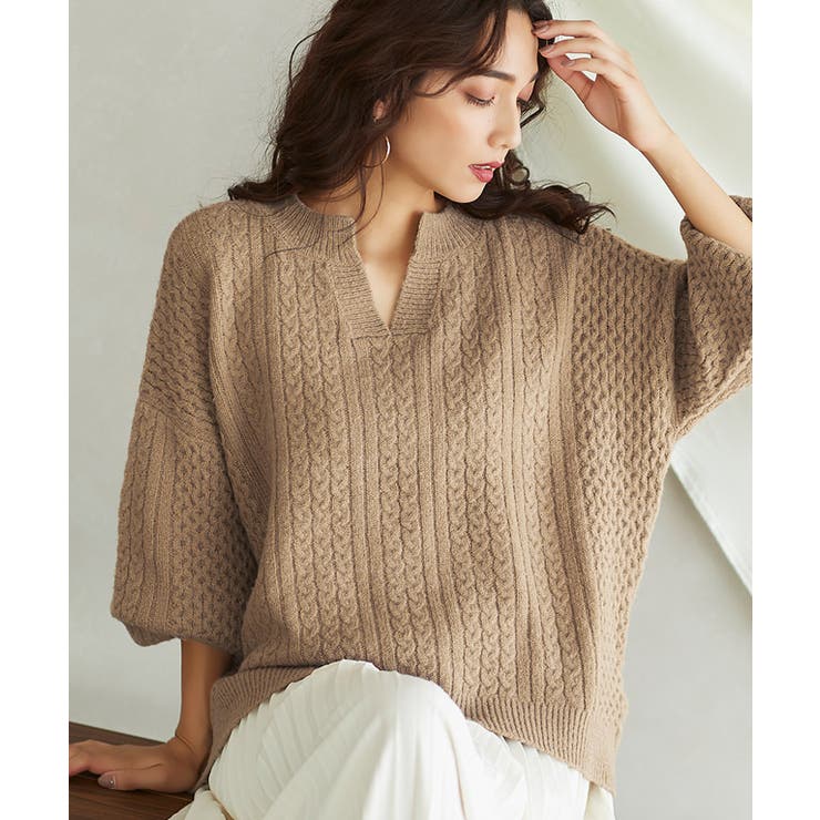 ベージュ | キーネックケーブルニット キーネック ケーブルニット リブニット ドルマンスリ | Pierrot