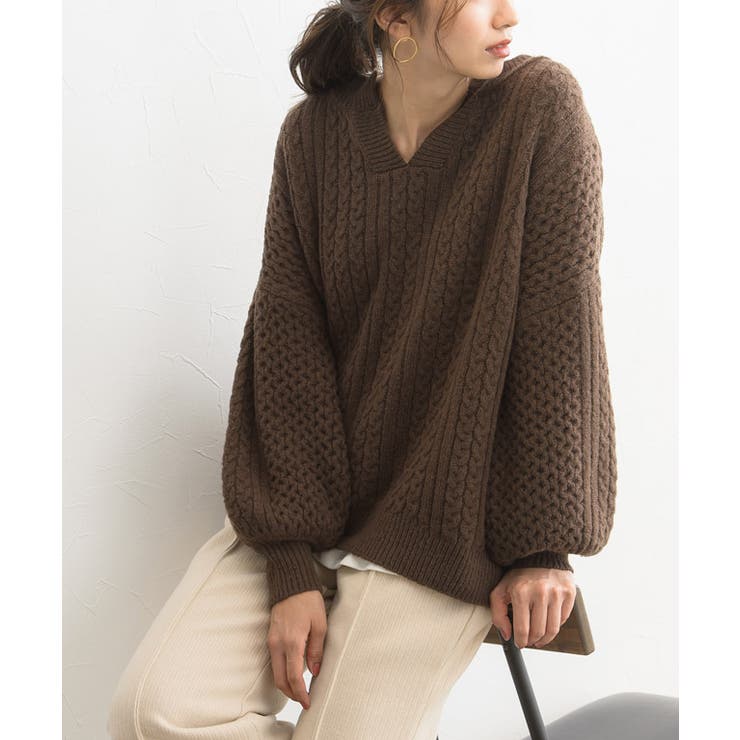 ブラウン | キーネックケーブルニット キーネック ケーブルニット リブニット ドルマンスリ | Pierrot