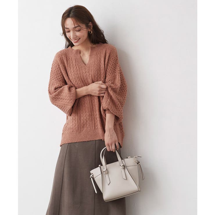 アーモンドオレンジ | キーネックケーブルニット キーネック ケーブルニット リブニット ドルマンスリ | Pierrot