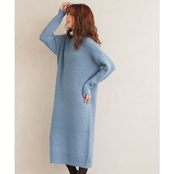 スモークブルー | ハイネックロングニットワンピース ニット ニットワンピ ニットワンピース | Pierrot