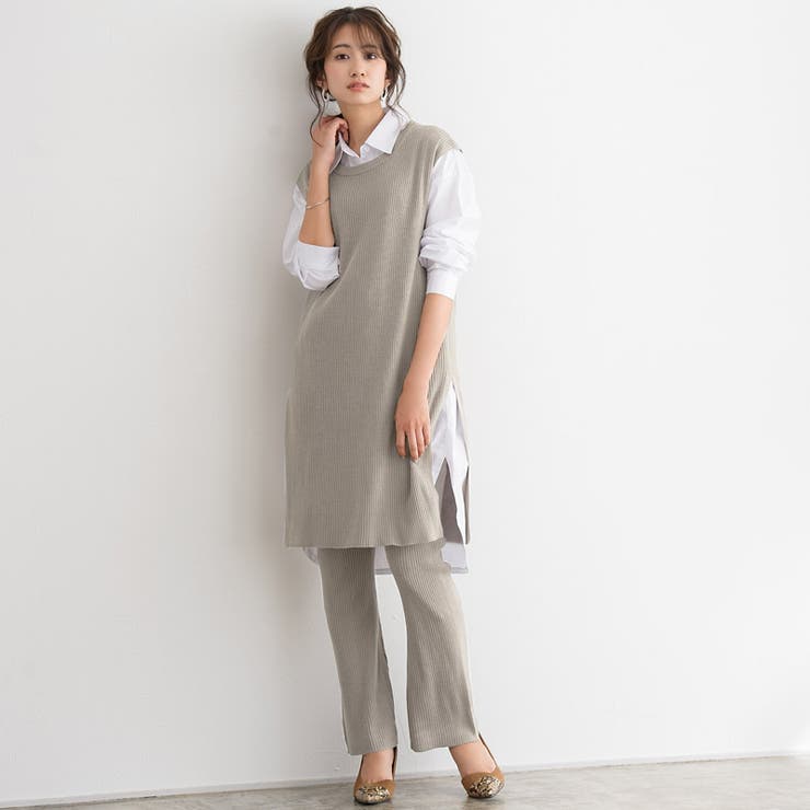 グレージュ | ロングリブニットセットアップ ロング リブ ニット リブニット ニットパンツ | Pierrot