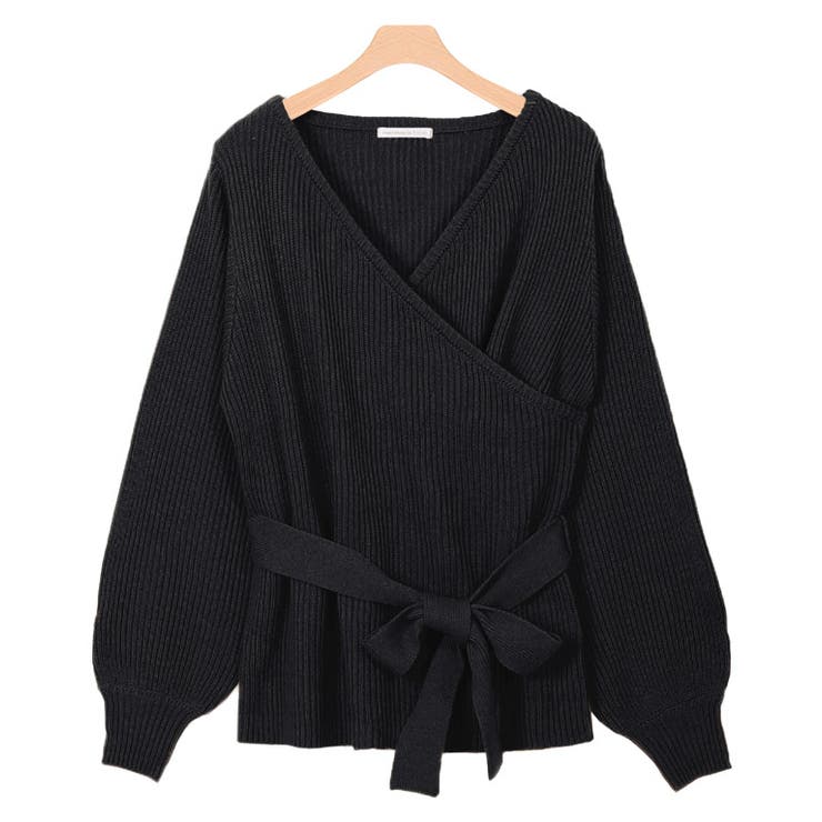 ブラック | カシュクールデザインニット ニット カシュクール カシクール ワイドリブ リブ | Pierrot