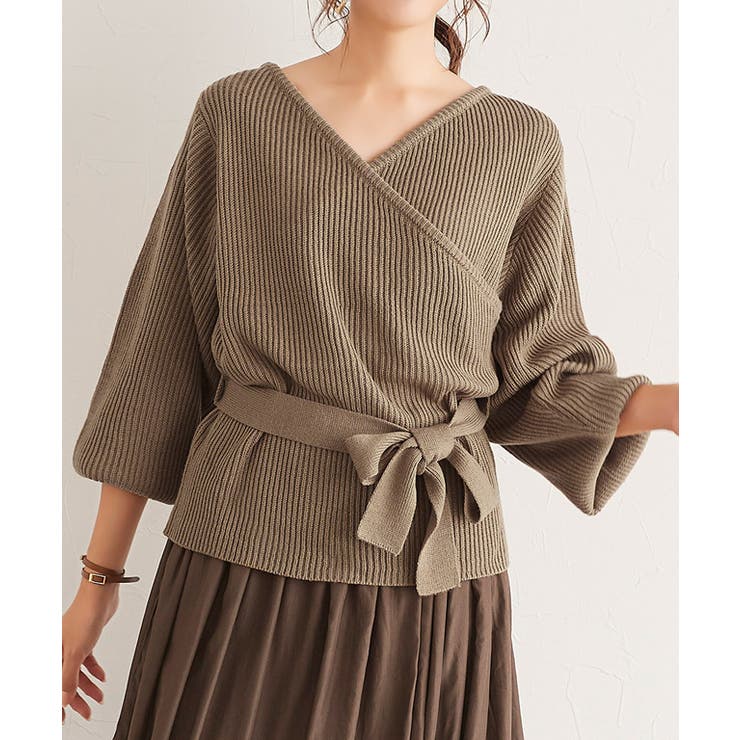 ベージュ | カシュクールデザインニット ニット カシュクール カシクール ワイドリブ リブ | Pierrot