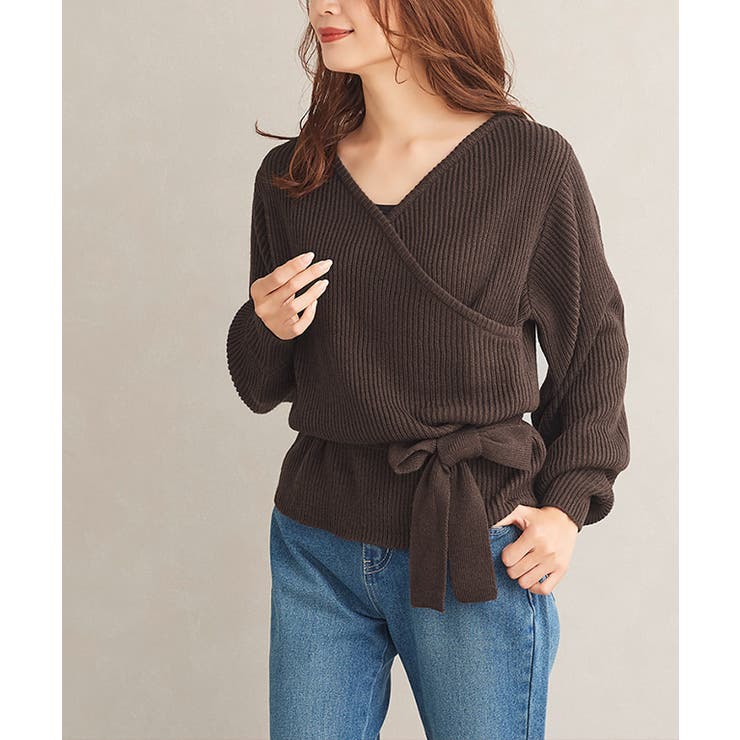 ブラウン | カシュクールデザインニット ニット カシュクール カシクール ワイドリブ リブ | Pierrot