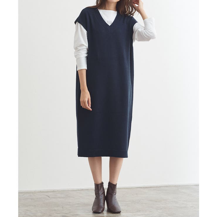 ネイビー | Vネックロングニットベスト ロングニット ベスト Vネック フレンチスリーブ | Pierrot