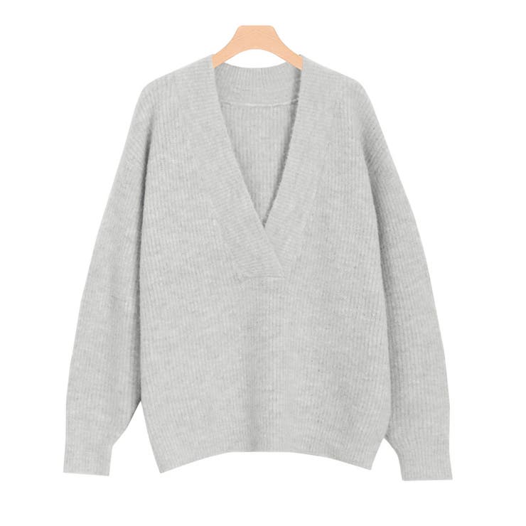グレー | ふんわりシャギーVネックオーバーニット | Pierrot