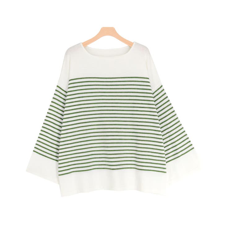 オフホワイト×グリーン | オーバーサイズボーダーニット ニット ボーダー | Pierrot