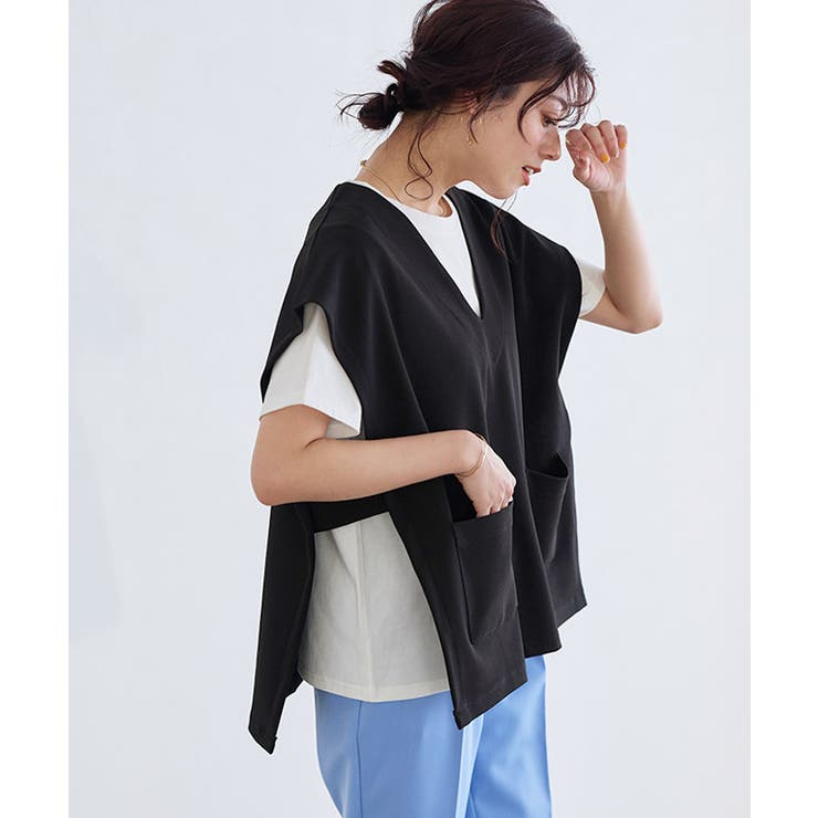未使用 PINORE フレンチ袖 ベスト チュニック丈 サイズ40 Vネックフレンチスリーブベスト カットソー ベスト[品番