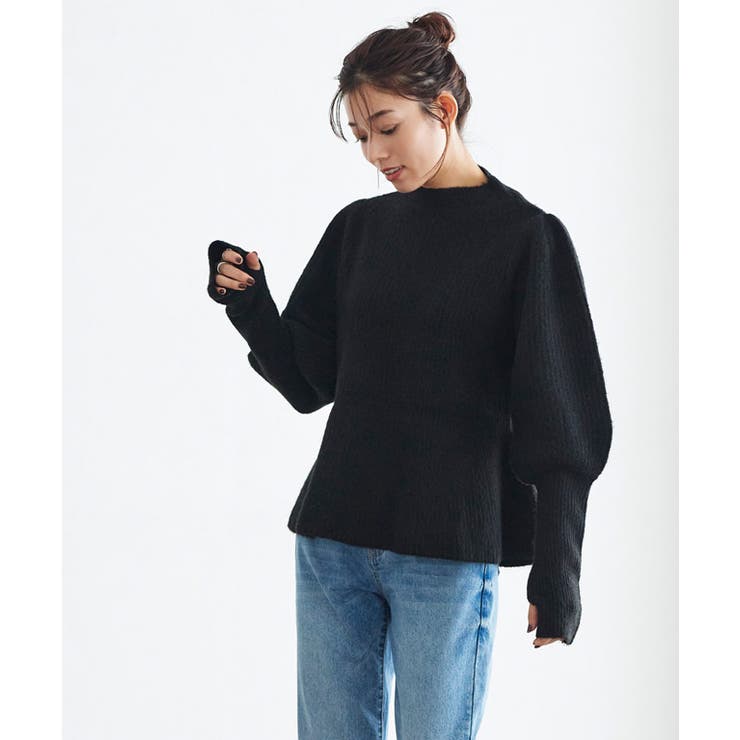 ブラック | ふんわりウォッシャブルサムホールペプラムニット ニット ペプラム | Pierrot
