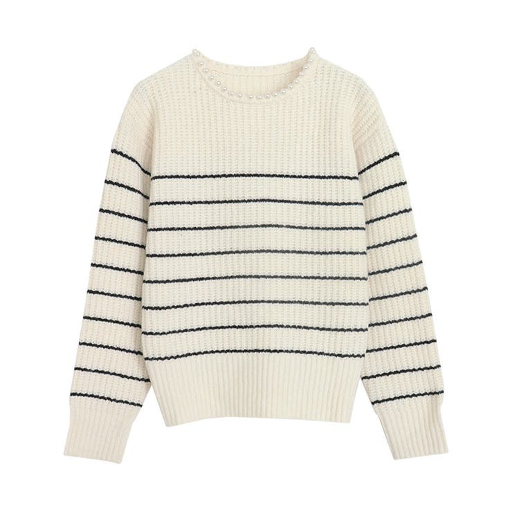 アイボリー×ブラック | パールネックニット ニット パール襟 | Pierrot