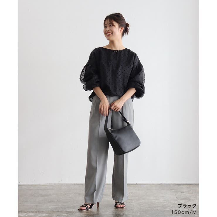 「col pierrot」 Dot Sheer 長袖カットソー FREE ブラック レディース フロッキードットブラウス ブラウス ドット[品番：PRTW0004659
