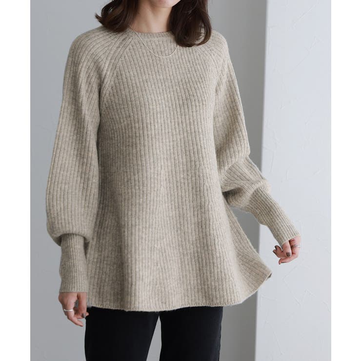 杢ベージュ | ふんわりウォッシャブルボリューム袖フレアニット ニット ボリューム袖 | Pierrot