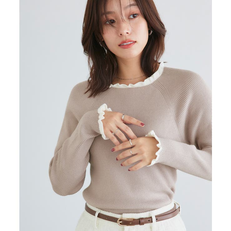 ベージュ×オフホワイト | 選べるネックフリルリブニット ニット フリル | Pierrot