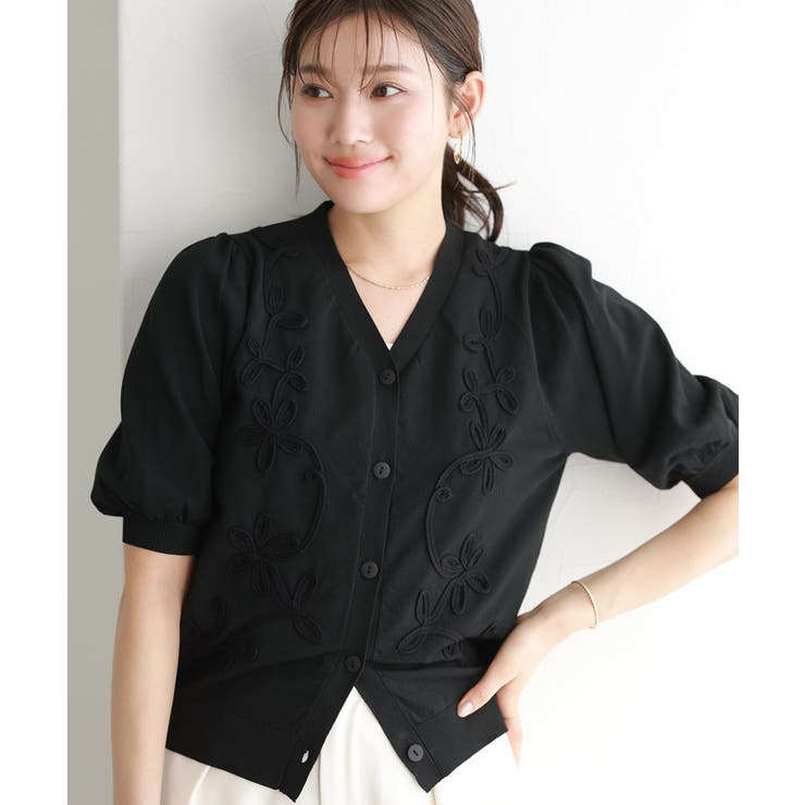 ブラック | コード刺繍ニットカーディガン カーディガン スポンジニット | Pierrot