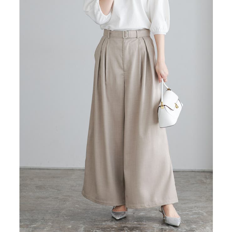 リネンライクベルト付きタックワイドパンツ ワイドパンツ リネン