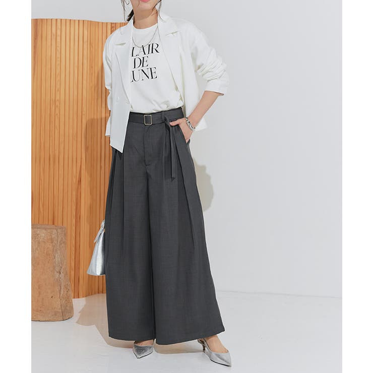 リネンライクベルト付きタックワイドパンツ ワイドパンツ リネン
