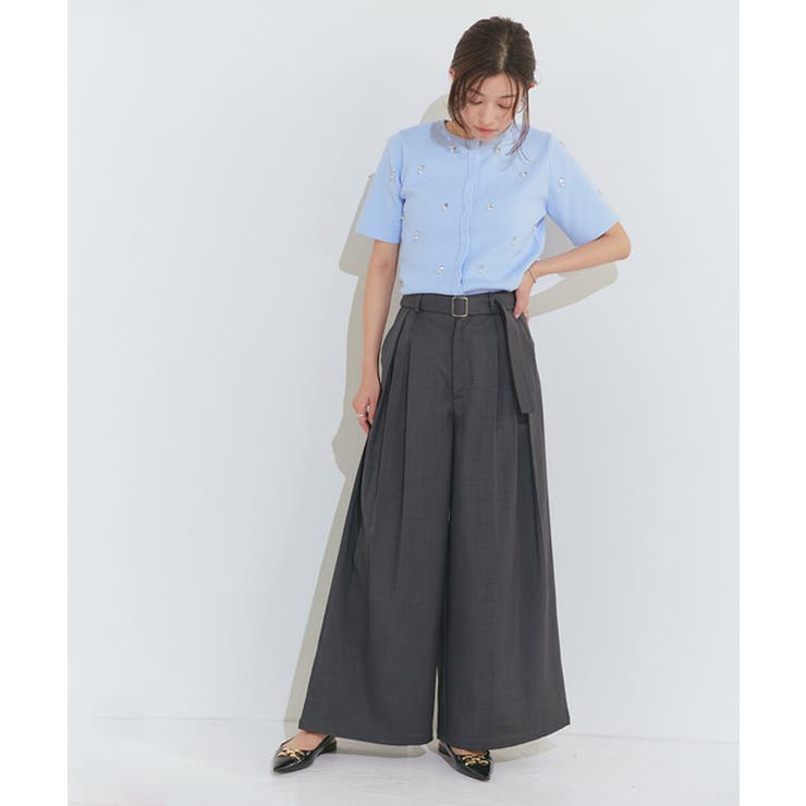 リネンライクベルト付きタックワイドパンツ ワイドパンツ リネン