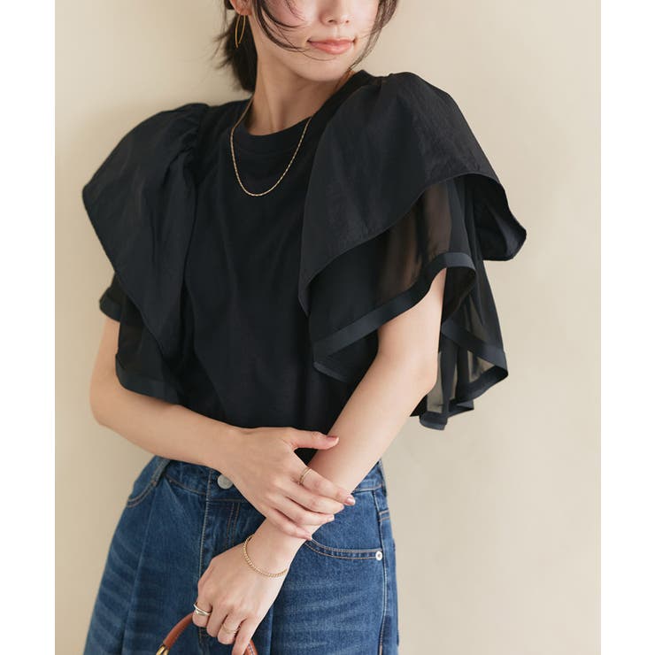 ブラック | ドッキングフリルTシャツ Tシャツ 綿混 | Pierrot