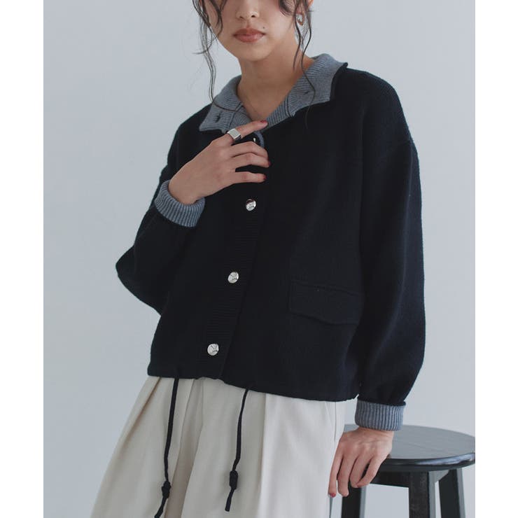 ブラック×杢グレー | [ECLAM] ボタンデザイン配色ニットカーデ カーディガン | Pierrot