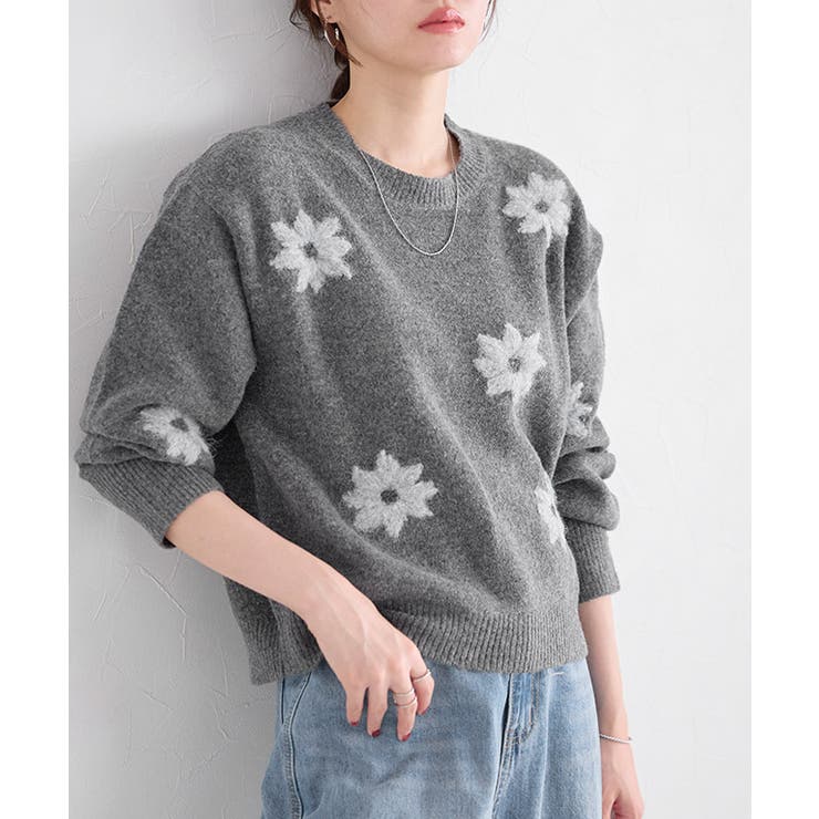 杢チャコール×グレー | フラワー刺繍ニット ニット 刺繍 | Pierrot