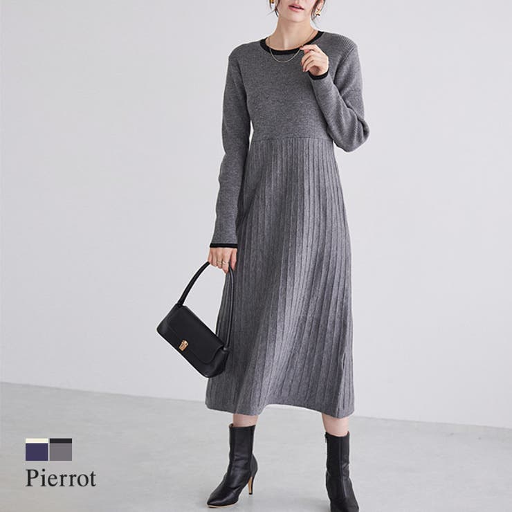 配色プリーツニットワンピース ワンピース ニット[品番：PRTW0005705