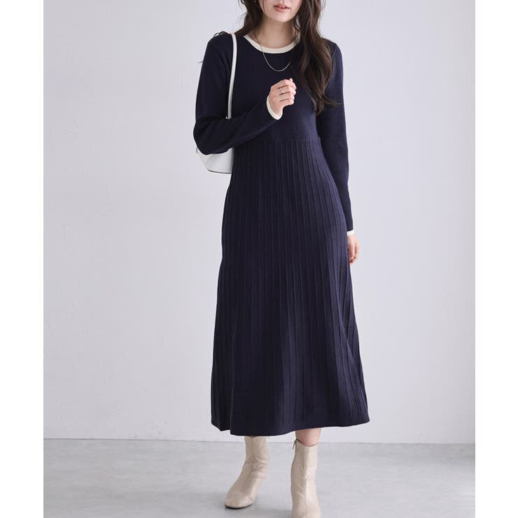 配色プリーツニットワンピース ワンピース ニット[品番：PRTW0005705