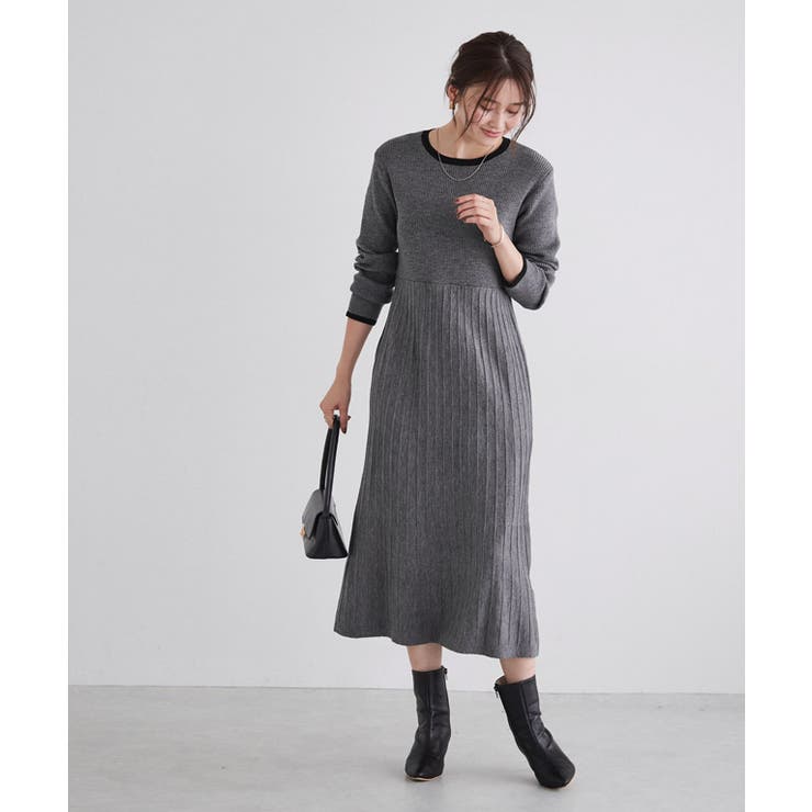 配色プリーツニットワンピース ワンピース ニット[品番：PRTW0005705