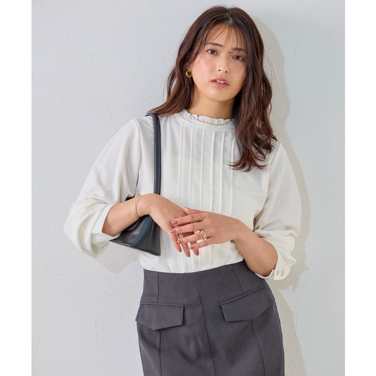 フリルネックタックTブラウス ブラウス タック[品番