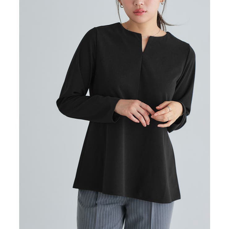 ブラック | キーネックペプラムTブラウス Tブラウス カットジョーゼット | Pierrot