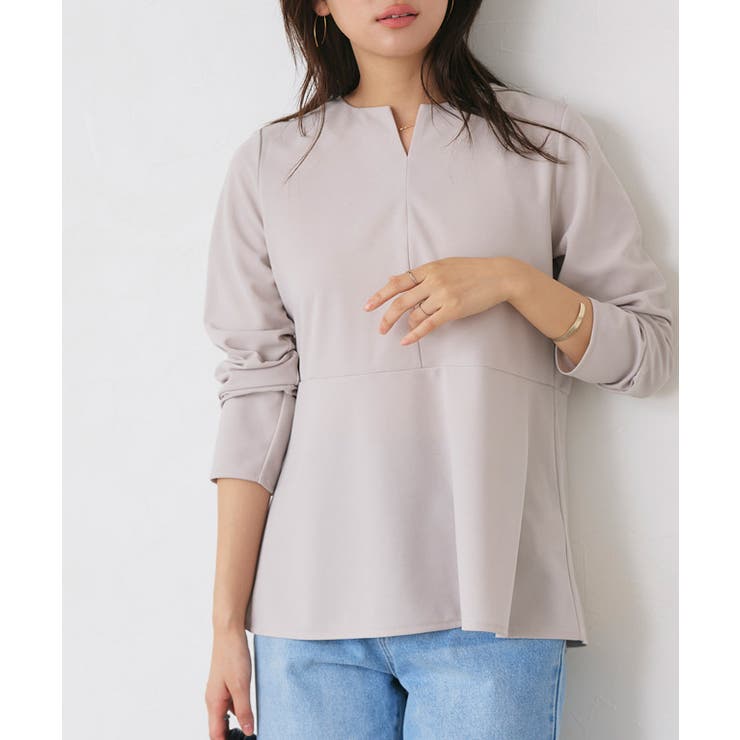 グレー | キーネックペプラムTブラウス Tブラウス カットジョーゼット | Pierrot