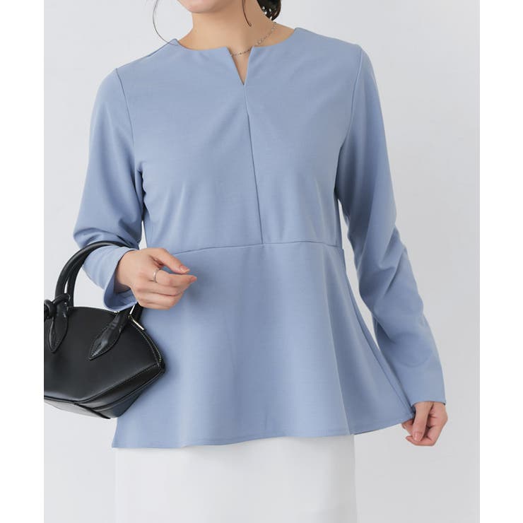 ブルー | キーネックペプラムTブラウス Tブラウス カットジョーゼット | Pierrot