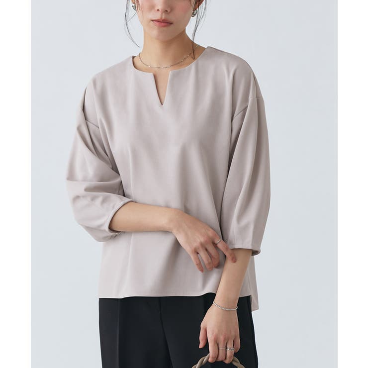 グレー | ランタンスリーブキーネックTブラウス Tブラウス カットジョーゼット | Pierrot