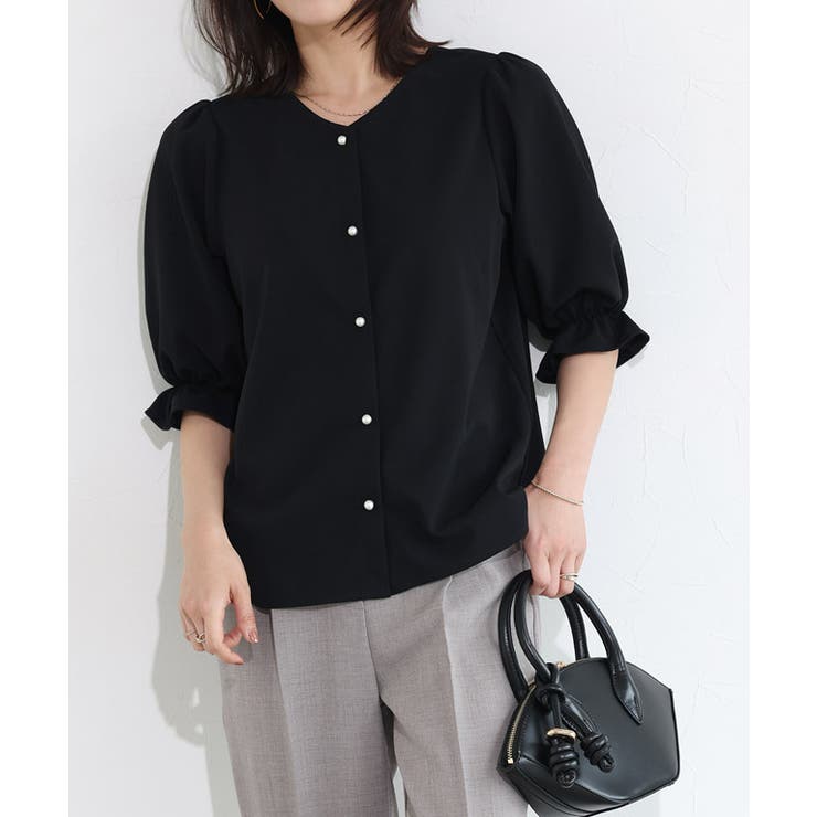 ブラック | 2wayパールボタンキャンディースリーブTブラウス Tブラウス カットジョーゼッ… | Pierrot