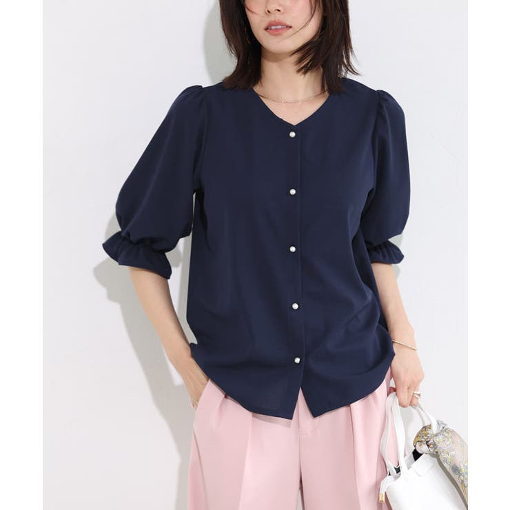 ネイビー | 2wayパールボタンキャンディースリーブTブラウス Tブラウス カットジョーゼッ… | Pierrot