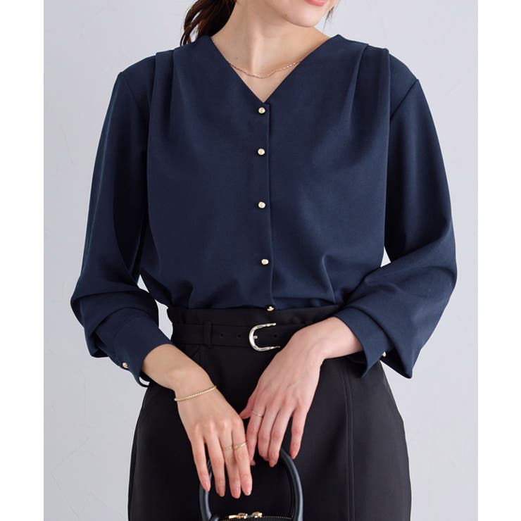 ネイビー | ゴールドボタンVネックTブラウス ブラウス Vネック | Pierrot