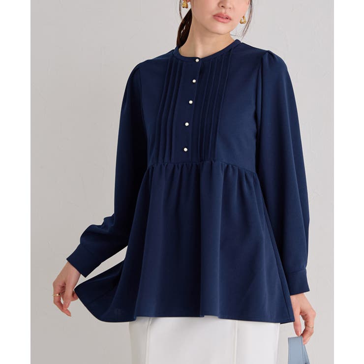 ネイビー | ピンタックパールフレアTブラウス ブラウス 伸縮性 | Pierrot