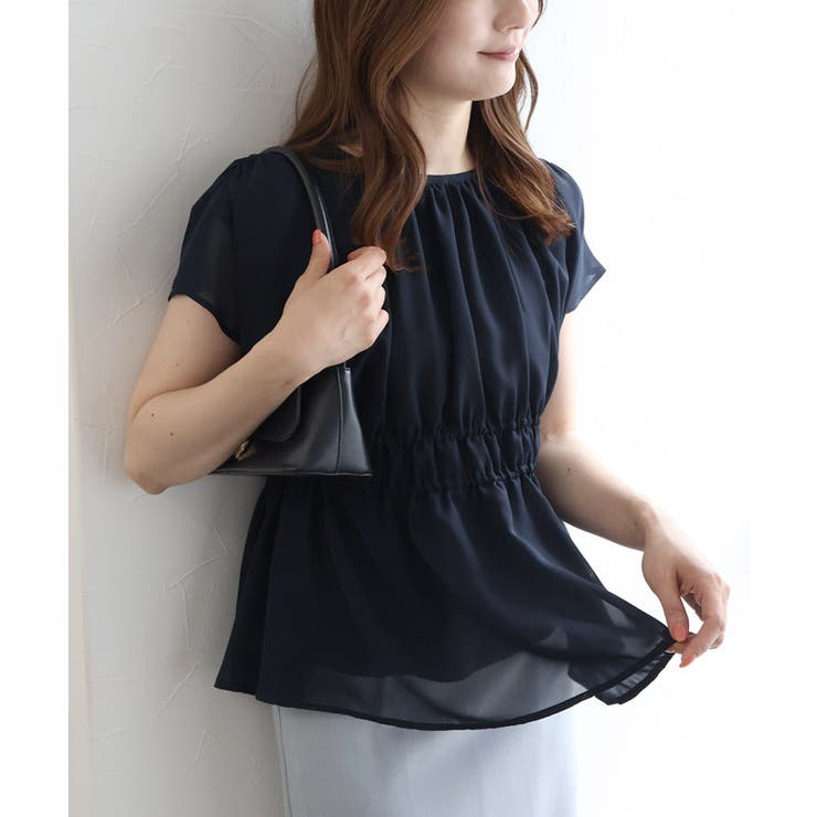 ネイビー | 【機能インナー付き】ウエストシャーリングシフォンブラウス シフォンブラウス コー… | Pierrot