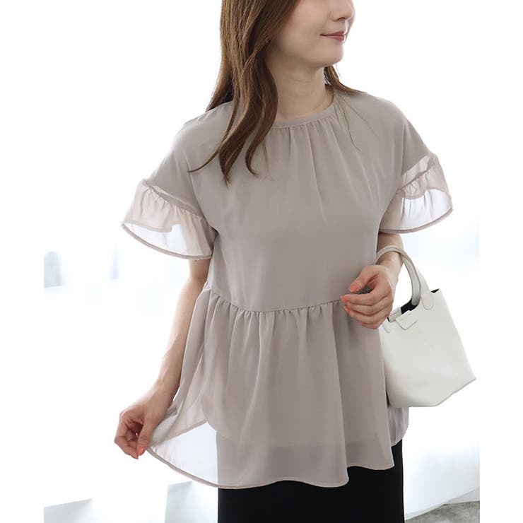 グレージュ | 【機能インナー付き】ペプラムギャザーシフォンブラウス シフォン カットソー | Pierrot