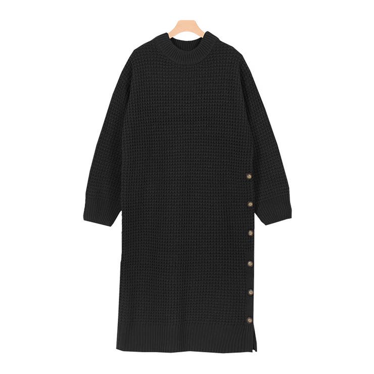 ブラック | ボタンデザインワッフル編みニットワンピース ワンピース ワッフルワンピース | Pierrot