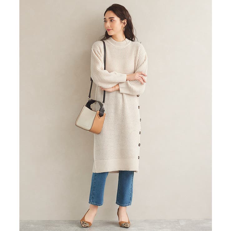アイボリー | ボタンデザインワッフル編みニットワンピース ワンピース ワッフルワンピース | Pierrot