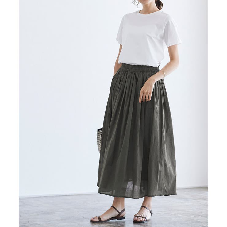 グレイッシュカーキ | コットンギャザーロングスカート ロングスカート フレアスカート コットン | Pierrot