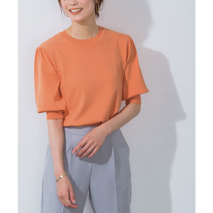 リネンタッチパフスリーブ半袖ニット ニット パフスリーブ[品番