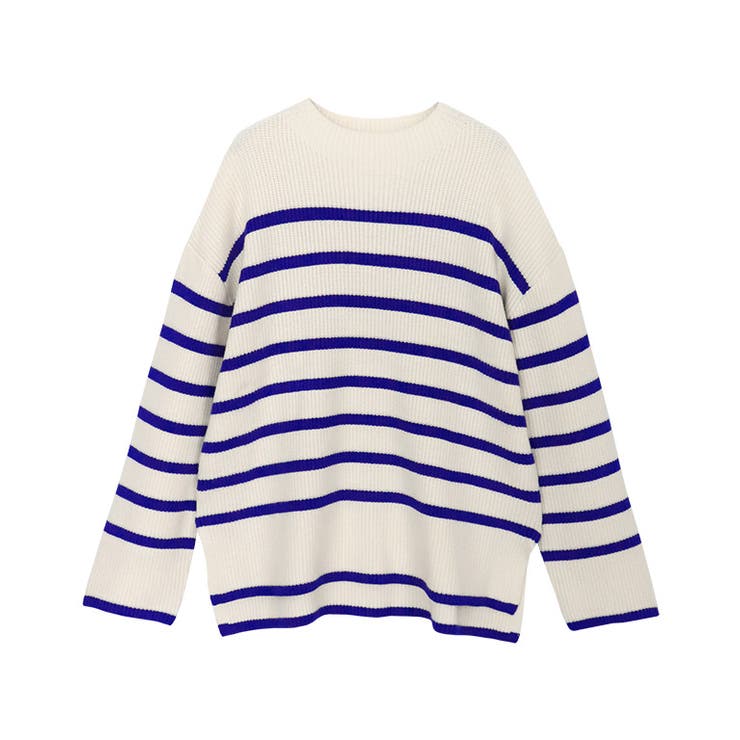 アイボリー×ブルー | ボトルネックパネルボーダーニット ニット ボトルネック | Pierrot