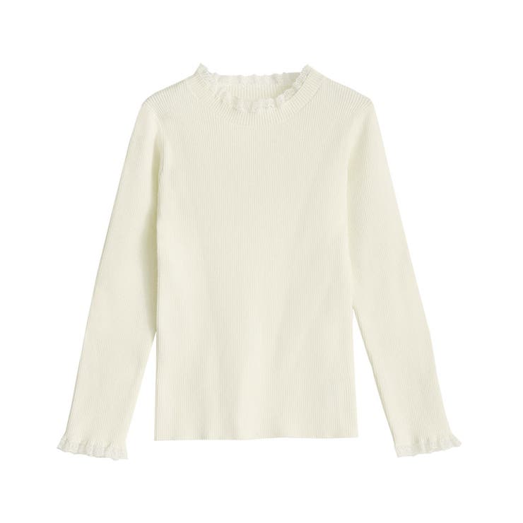 オフホワイト×ホワイト | レース付クルーネックリブニット ニット セーター | Pierrot