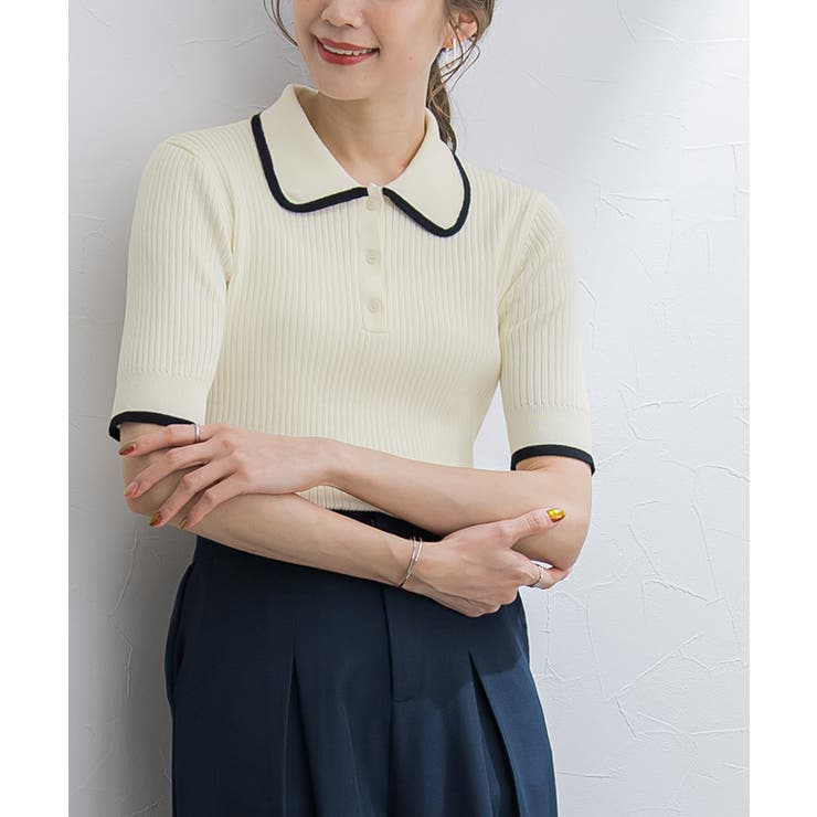 美品 Drawer ドゥロワー リブ編み ショート スリーブ ニット ポロニット リブ編みポロニット ニット ポロニット[品番：PRTW0004083]｜Pierrot